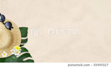 背景 - 海 - 夏天 - 海灘 -  Monstera-Plumeria-草帽 - 太陽鏡 50495027
