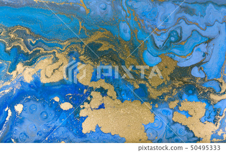 Blue marbling pattern. Golden marble liquid texture. 50495333