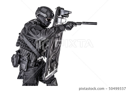 SWAT fighter hiding behind ballistic shield on white 50499337