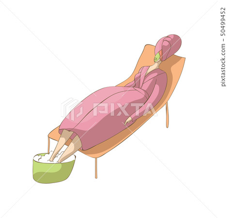 Woman in pink bathrobe holds leg in malnkoy bath with foam. Vector illustration on white background. Woman in pink bathrobe holds leg in malnkoy bath with foam. Vector illustration on white background. 50499452