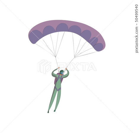 Skydiver in a green suit soars on an open purple parachute. Vector illustration on white background. 50499540