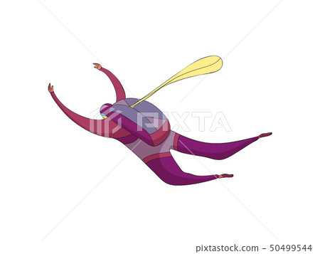 Skydiver walks down in a purple suit with a backpack. Reserve parachute is closed. Vector 50499544