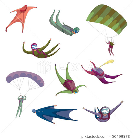 Group of parachutists in different positions. Vector illustration on white background. 50499578