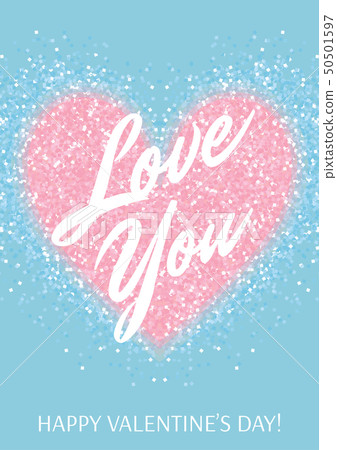 Greeting card with pastel pink glitter heart and text on blue background. 50501597