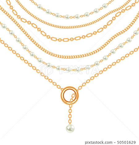 Background with pears and chains golden metallic necklace. On white 50501629