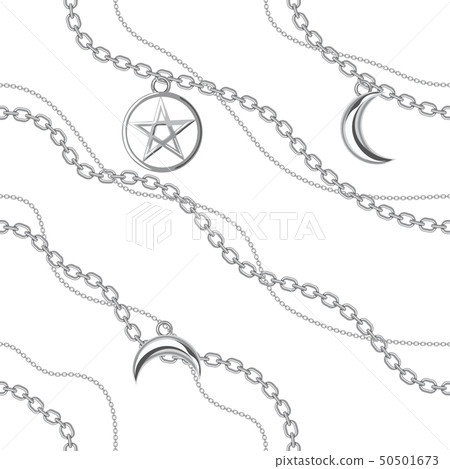 Seamless pattern background with pentagram and moon pendants on silver metallic chain. On white 50501673