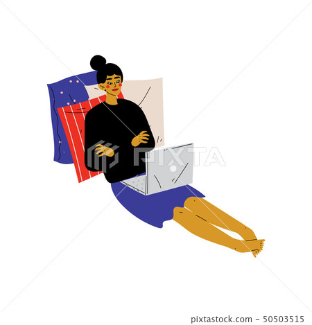 Girl Sitting on Floor with Laptop, Young Woman Working or Relaxing at Home Using Computer Vector Girl Sitting on Floor with Laptop, Young Woman Working or Relaxing at Home Using Computer Vector 50503515