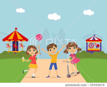 Cute Children at Amusement Park, Summer Landscape with Carousels and Castle Vector Illustration Cute Children at Amusement Park, Summer Landscape with Carousels and Castle Vector Illustration 50503678