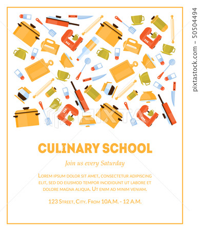 Culinary School Banner Template, Invitation Card with Place for Text and Kitchen Utensils for Food 50504494