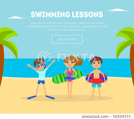 Swimming Lessons Banner Template with Cute Kids on Tropical Beach Background, Design Element Can Be Swimming Lessons Banner Template with Cute Kids on Tropical Beach Background, Design Element Can Be 50504555