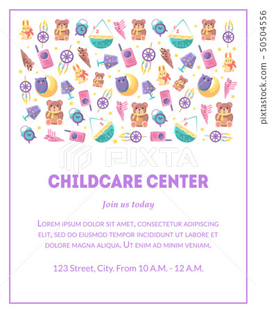 Childcare Center Banner Template with Cute Baby Toys and Place for Text, Design Element Can Be Used Childcare Center Banner Template with Cute Baby Toys and Place for Text, Design Element Can Be Used 50504556