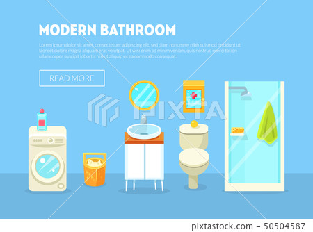 Modern Bathroom Interior Banner Template with Furniture and Accessories Vector Illustration 50504587