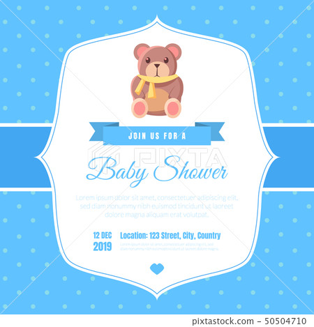 Baby Shower Invitation Template on Blue Polka Dot Background, Card with Cute Toy Teddy Bear and Baby Shower Invitation Template on Blue Polka Dot Background, Card with Cute Toy Teddy Bear and 50504710