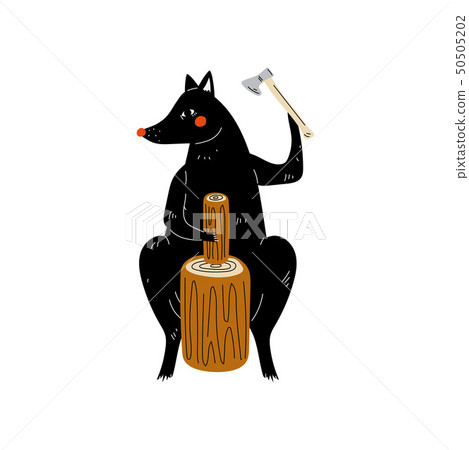 Wolf Chopping Wood with Ax, Animal Character Having Hiking Adventure Travel or Camping Trip Vector 50505202