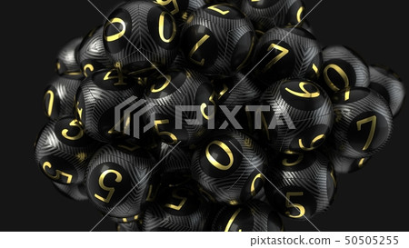 Carbon fiber lottery balls with golden numbers. 3d illustration 50505255