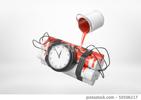 3d rendering of of small silver paint bucket turned upside down with red paint pouring on dynamite 3d rendering of of small silver paint bucket turned upside down with red paint pouring on dynamite 50506217