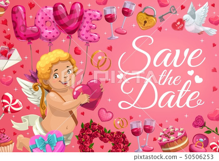 Save the Date, cupid angel with heart balloons 50506253