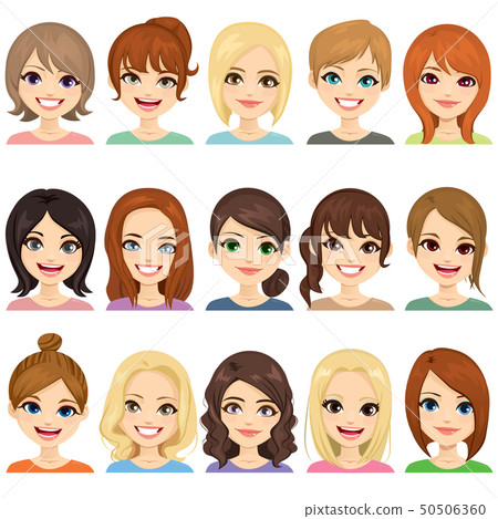 Cute Avatar Girls Different Hairstyles Stock Illustration