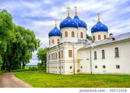 Blue domes of Yuriev Monastery, Novgorod, Russia 50511916