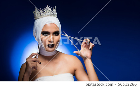 Miss Beauty Pageant Queen contest Diamond Crown Sash want to be Most Beautiful in the World Universe by operating Plastic Surgery Face head nose chin and blood glitter bandage, pain for good winner 50512260