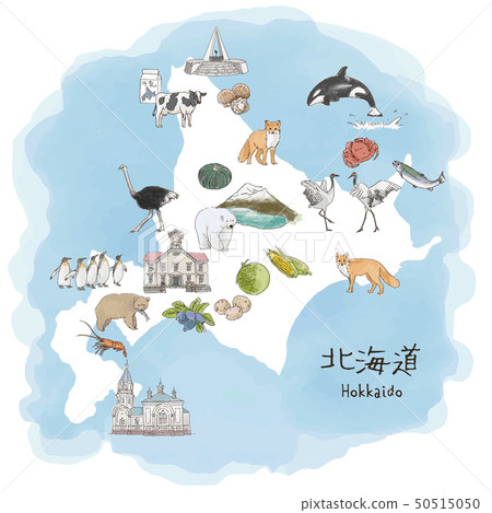 Watercolor illustration map of Hokkaido tourism 50515050