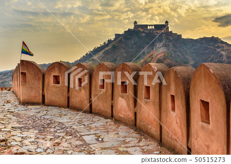Ancient long wall with towers around Amber Fort, 50515273
