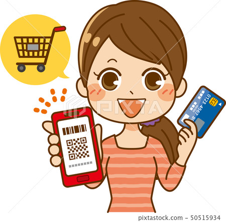 Woman doing barcode payment with credit payment Woman doing barcode payment with credit payment 50515934