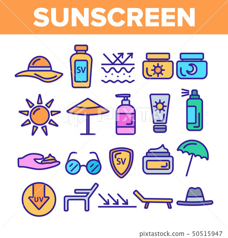 Sunscreen, UV Defence Vector Thin Line Icons Set 50515947