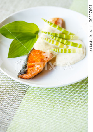 Cherry salmon with miso cream sauce 50517691