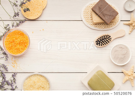 Spa background with facial mask and cream on white wood Spa background with facial mask and cream on white wood 50520076