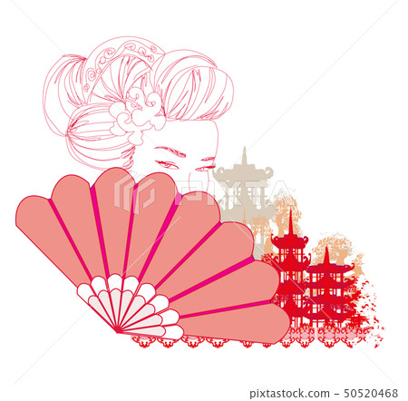 Asian girl holding traditional fan - abstract card Asian girl holding traditional fan - abstract card 50520468