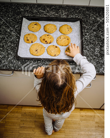 Young girl looking at freshly baked cookies Young girl looking at freshly baked cookies 50520801