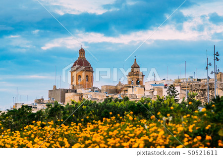 View to St. Lawrence's Church with orange flowers 50521611