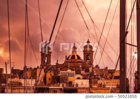 Pink evening in Senglea and Basilica of Our Lady 50521850
