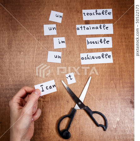 Self motivation concept. Negative words cut with 50522573