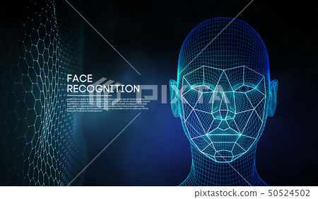 Robot blue eyes android with detailed iris and pupil. Facial recognition concept with sensor and 50524502