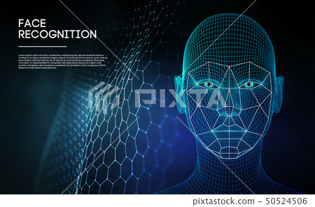 Robot blue eyes android with detailed iris and pupil. Facial recognition concept with sensor and Robot blue eyes android with detailed iris and pupil. Facial recognition concept with sensor and 50524506