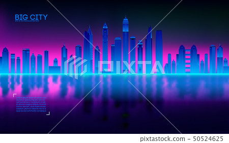 Retro wave background80s. City80s future retro synth illustration city bay with reflection in water 50524625
