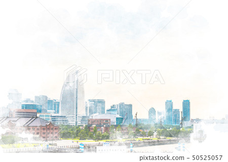 Yokohama Minato Mirai watercolor painting in the evening 50525057