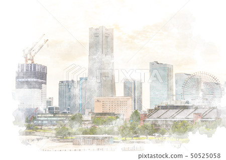 橫濱港未來水彩畫在晚上 橫濱港未來水彩畫在晚上 50525058