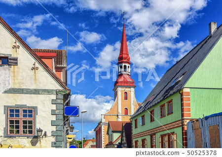 Traditional colorful buildings in Parnu, Esonia 50525378