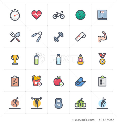 Icon set - Fitness and healthy full color outline - Stock Illustration ...