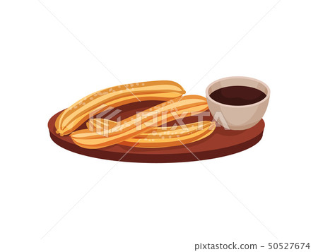 Traditional spanish dessert churros on a wooden tray. Vector illustration on white background. Traditional spanish dessert churros on a wooden tray. Vector illustration on white background. 50527674