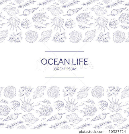 Ocean Life Banner Template with Underwater Natural Elements Pattern, Undersea World with Seaweed and Ocean Life Banner Template with Underwater Natural Elements Pattern, Undersea World with Seaweed and 50527724