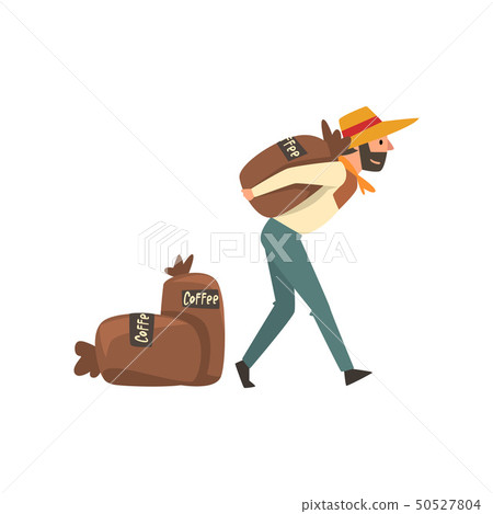 Male Farmer in Straw Hat Carrying Canvas Bags, Coffee Industry Production Stage Vector Illustration 50527804