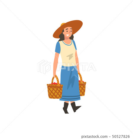 Smiling Female Farmer in Straw Hat Carrying Baskets Full of Coffee Beans, Coffee Harvesting Industry 50527826