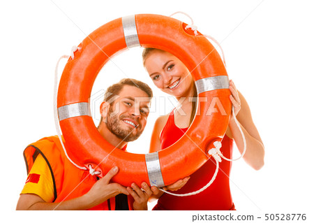 Lifeguards in life vest with ring buoy having fun. 50528776