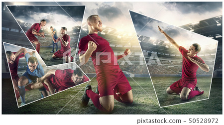 Close up soccer ball in fire and football players. Creative collage Close up soccer ball in fire and football players. Creative collage 50528972