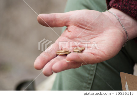 closeup of euros coins in hand of poor woman closeup of euros coins in hand of poor woman 50536113