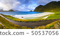 Panoramic view of Haukland Beach and road in Norway, Lofoten islands, near Leknes, Nordland 50537056